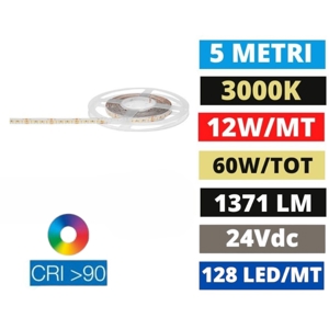Striscia led smd bobina 5 mt 12w-mt 3000k cri90 24v dc gea luce