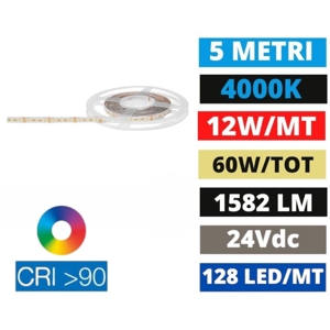 Striscia led smd bobina 5 mt 12w 4000k cri90 24vdc gea luce