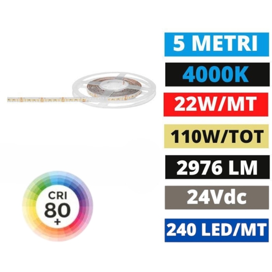 Bobina 5mt strip led 22w-mt 4000k 24v dc cri90 gea luce