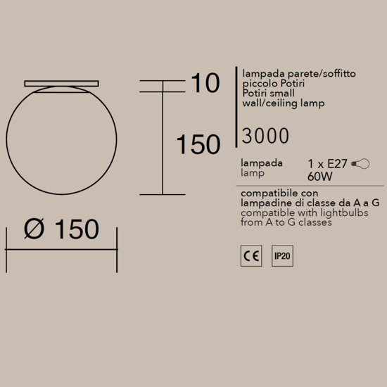 Applique da parete moderna sfera vetro bianco affralux potiri