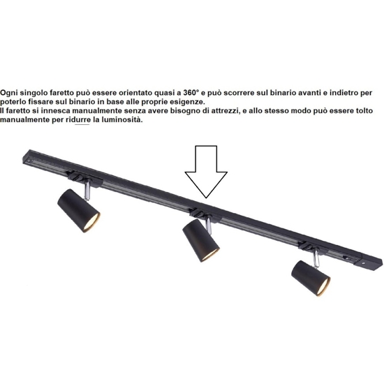 Plafoniera a binario nero 3 spot led orientabili monofase fp