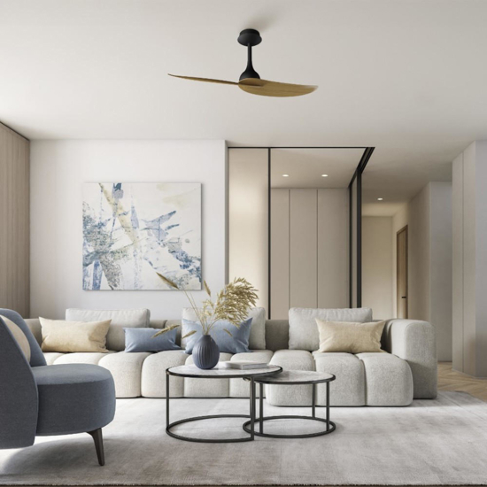 Ventilatore da soffitto nero e legno motore dc ambienti da 13mq a 20mq