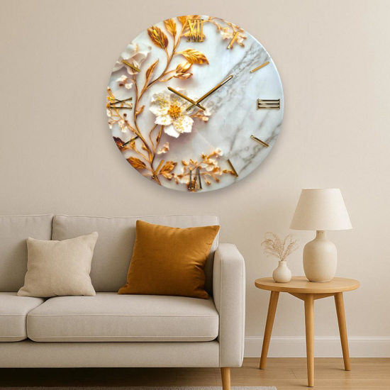 Orologio in resina moderno per parete 60cm fiore foglia oro cristalli