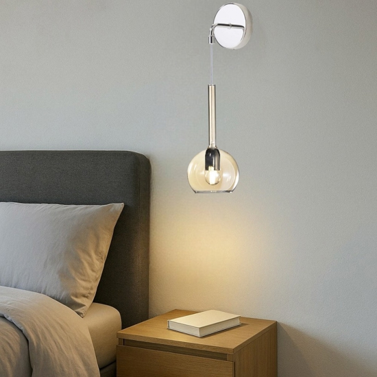 Applique cromo per comodini da letto sfera vetro ambra