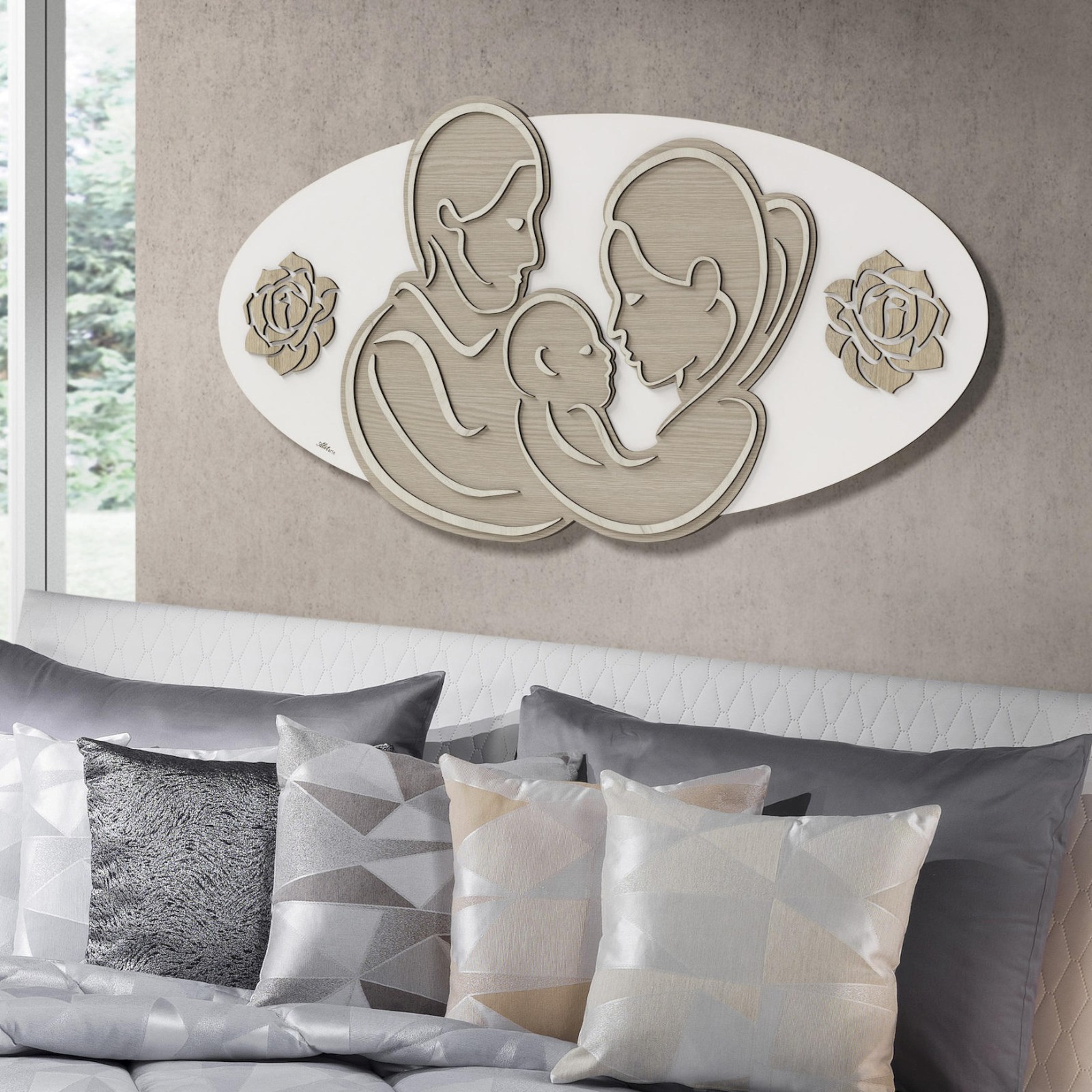 Capezzale Sacra Famiglia Mazzola Luce Design Moderno 120x60 Cm - Legno MDF, Colore Bianco Rovere, Garanzia 5 Anni - copertina