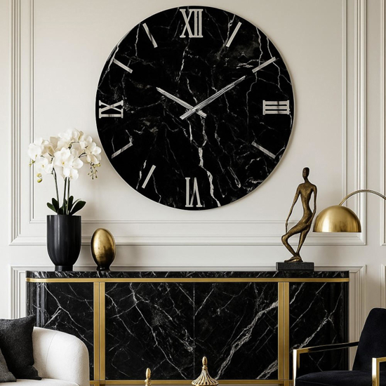 Orologio da parete 60cm nero effetto marmo tondo moderno