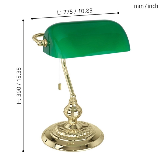 Lampada classica da scrivania churchill ottone vetro verde con cordicella eglo banker