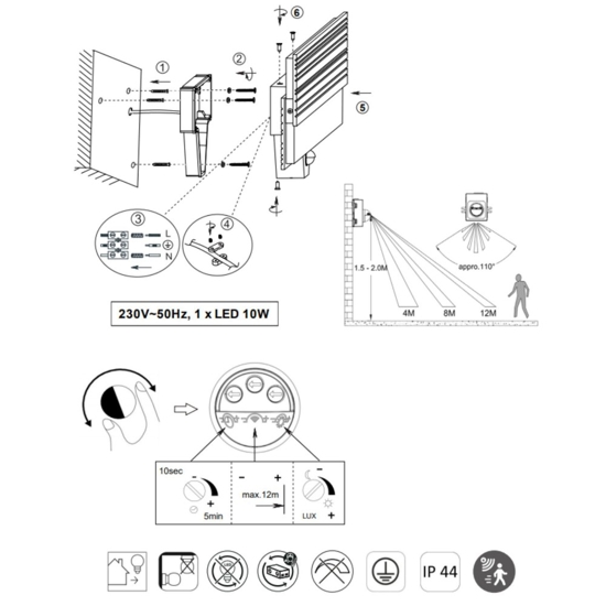 Applique da esterno con sensore movimento antracite led 10w 3000k