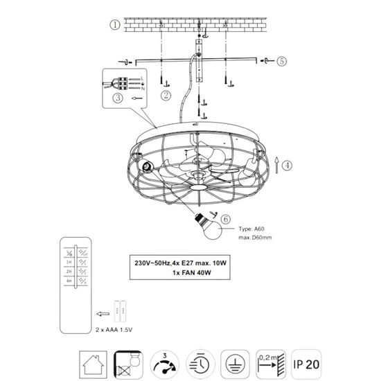 Ventilatore a plafoniera con luce da soffitto rustico nero