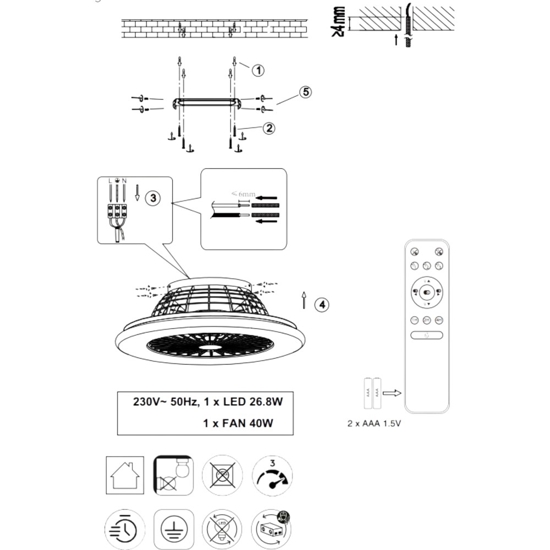 Plafoniera con ventilatore nero da soffitto con luce telecomando