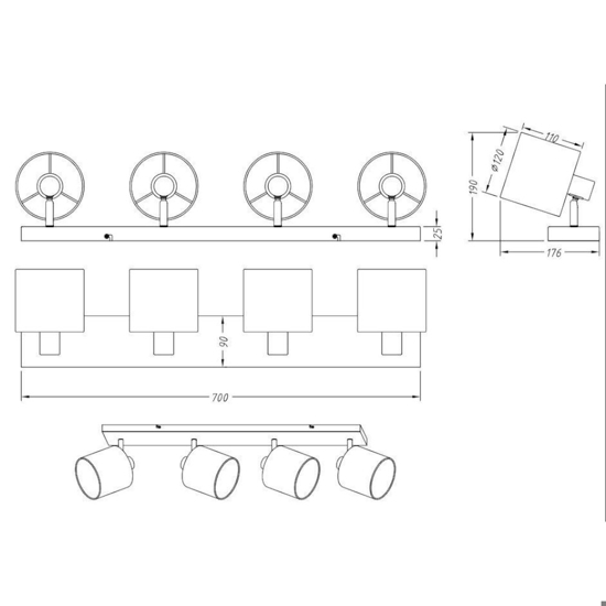 Plafoniera con 4 faretti led orientabili nichel