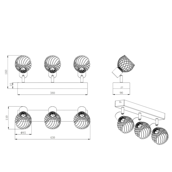 Plafoniera 3 luci led orientabili oro nero