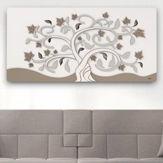 Quadro albero della vita moderno 60x120 legno bianco tortora grigio