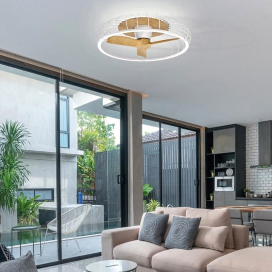 Plafoniera con ventilatore bianco con pale di legno con telecomando
