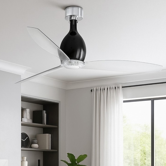 Ventilatore da soffitto silenzioso vetro nero 17mq pale trasparenti