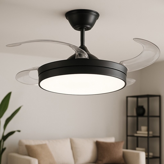 Plafoniera con ventilatore pale retrattili nero con luce 20mq con telecomando