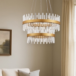 Lampadario oro moderno con cristalli molati trasparenti