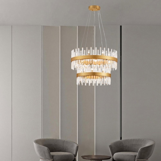 Lampadario oro moderno con cristalli molati trasparenti