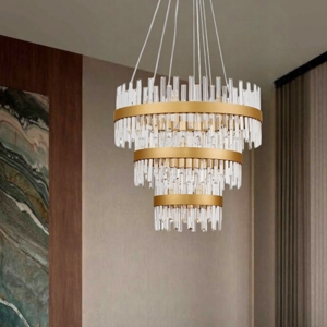 Lampadario anelli oro con cristalli trasparenti stile contemporaneo