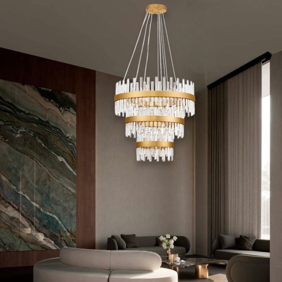 Lampadario anelli oro con cristalli trasparenti stile contemporaneo