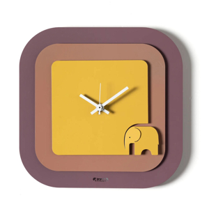 Orologio moderno da parete quadrato color viola mousse e ocra con elefantino