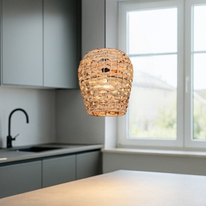 Lampadario tavolo da cucina marrone paralume in legno naturale