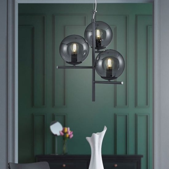 Lampadario antracite con sfere vetro fume