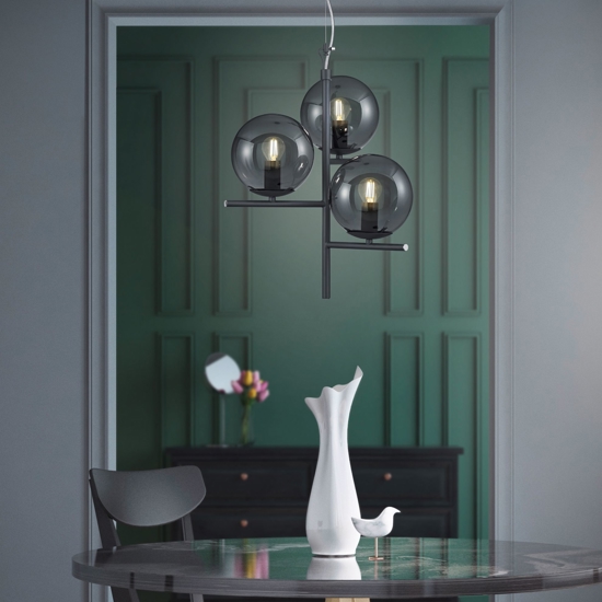 Lampadario antracite con sfere vetro fume
