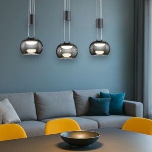 Lampadario a led tre luci per soggiorno nero vetri fume dimmerabile 3000k