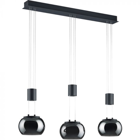 Lampadario a led tre luci per soggiorno nero vetri fume dimmerabile 3000k