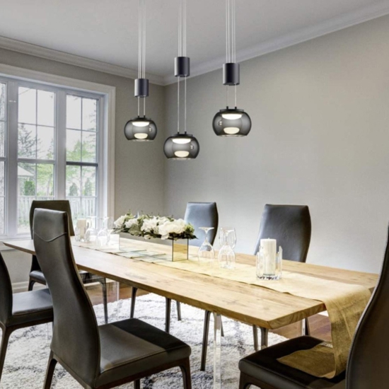 Lampadario a led tre luci per soggiorno nero vetri fume dimmerabile 3000k