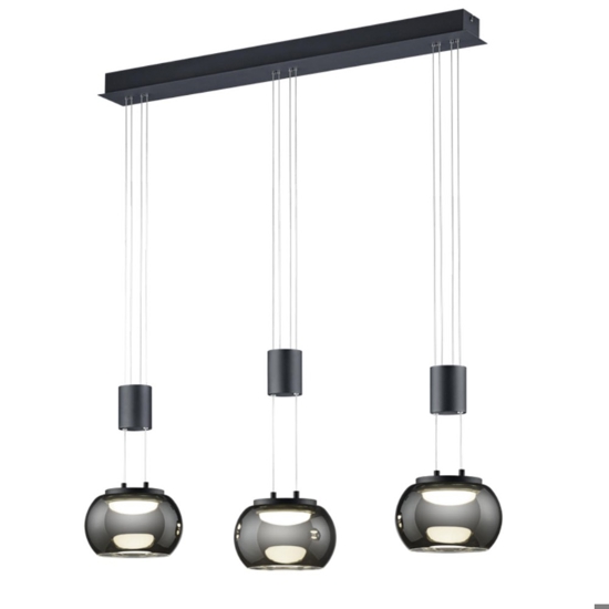 Lampadario a led tre luci per soggiorno nero vetri fume dimmerabile 3000k