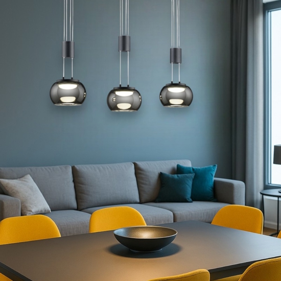 Lampadario a led tre luci per soggiorno nero vetri fume dimmerabile 3000k