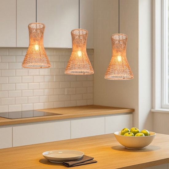 Lampadario clessidra 3 luci per cucina 20 cm marrone cavi regolabili
