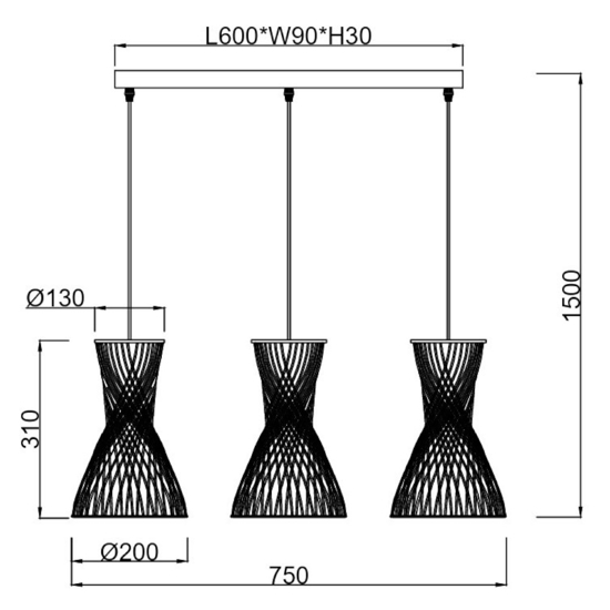 Lampadario clessidra 3 luci per cucina 20 cm marrone cavi regolabili