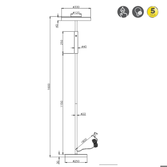 Lampada da terra moderna nera led 3000k per soggiorno h160 cm
