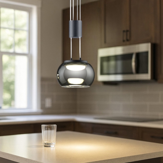 Lampada a sospensione nero vetro fumè led 8w 3000k dimmerabile per isola