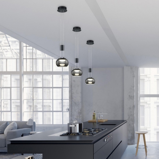 Lampada a sospensione nero vetro fumè led 8w 3000k dimmerabile per isola