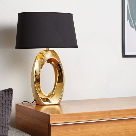 Lampada da tavolo in ceramica oro lucido paralume nero