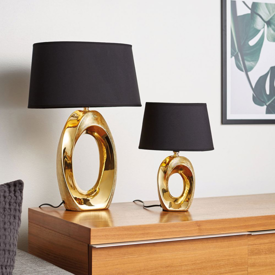 Lampada da tavolo in ceramica oro lucido paralume nero