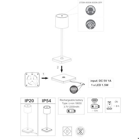 Kit 6 lampade da tavolo senza fili bianco con postazione ricaricabile per esterno