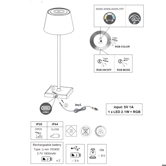 Lampada da tavolo senza fili per esterno led cct rgb dimmerabile bianca