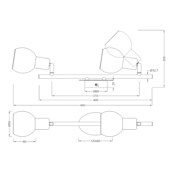 Lampada da soffitto 2 luci cromo sfere vetro fume orientabili