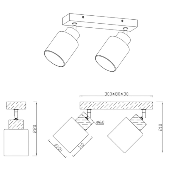 Lampada da soffitto 2 luci orientabili vetro legno