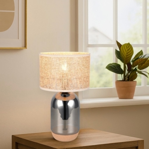 Lampada da tavolo como' vetro grigio fumo paralume vimini