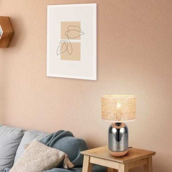 Lampada da tavolo como' vetro grigio fumo paralume vimini