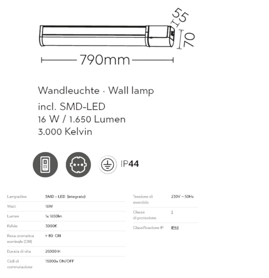 Applique tubo led 16w 3000k cromo per bagno con presa elettrica