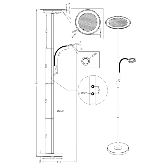 Lampada da terra due luci led 3000k orientabile per ufficio