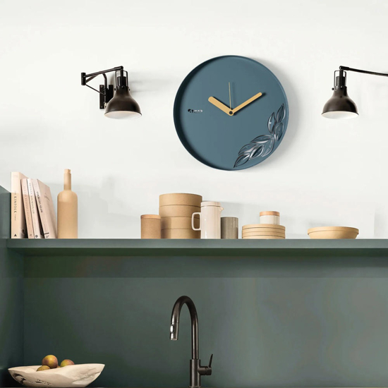 Orologio da muro moderno rotondo color petrolio con foglie