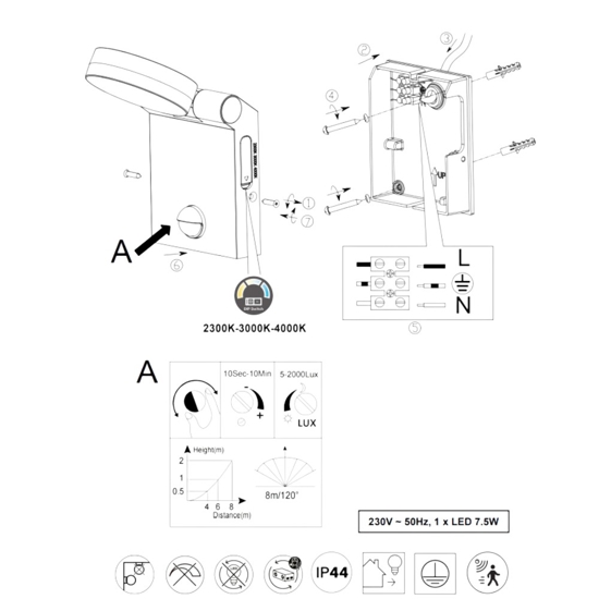 Applique bianco da esterno sensore movimento led 7w 2300k 3000k 4000k